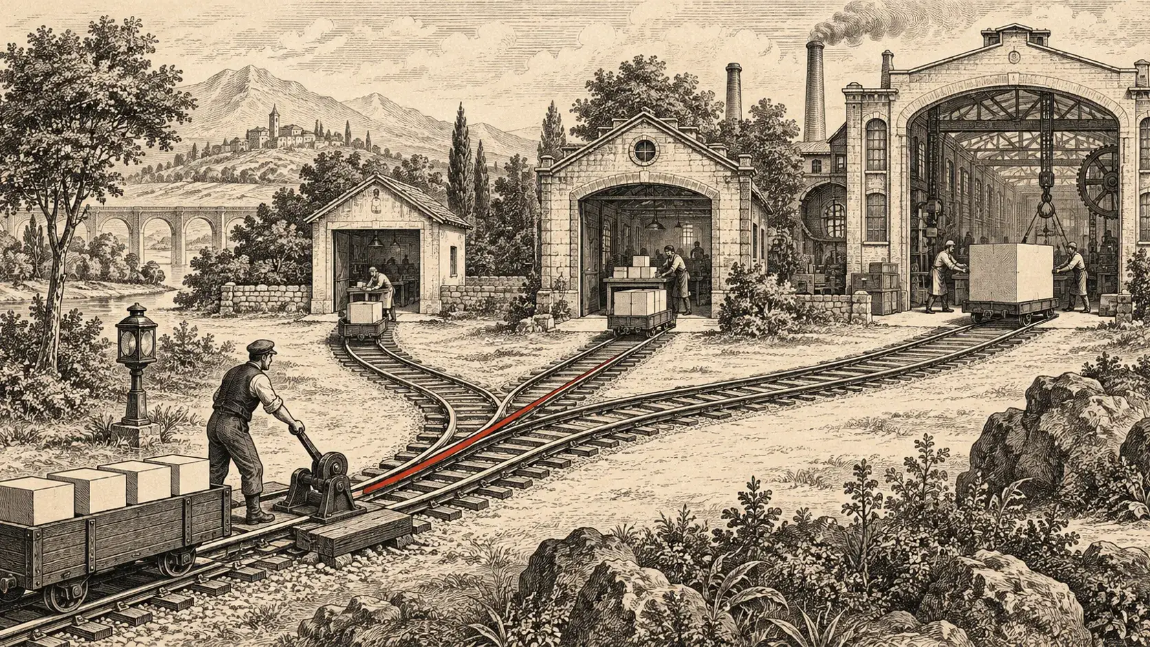 Generated editorial illustration of rail parcels routed toward three workshops of different sizes; it does not depict OpenAI's architecture.