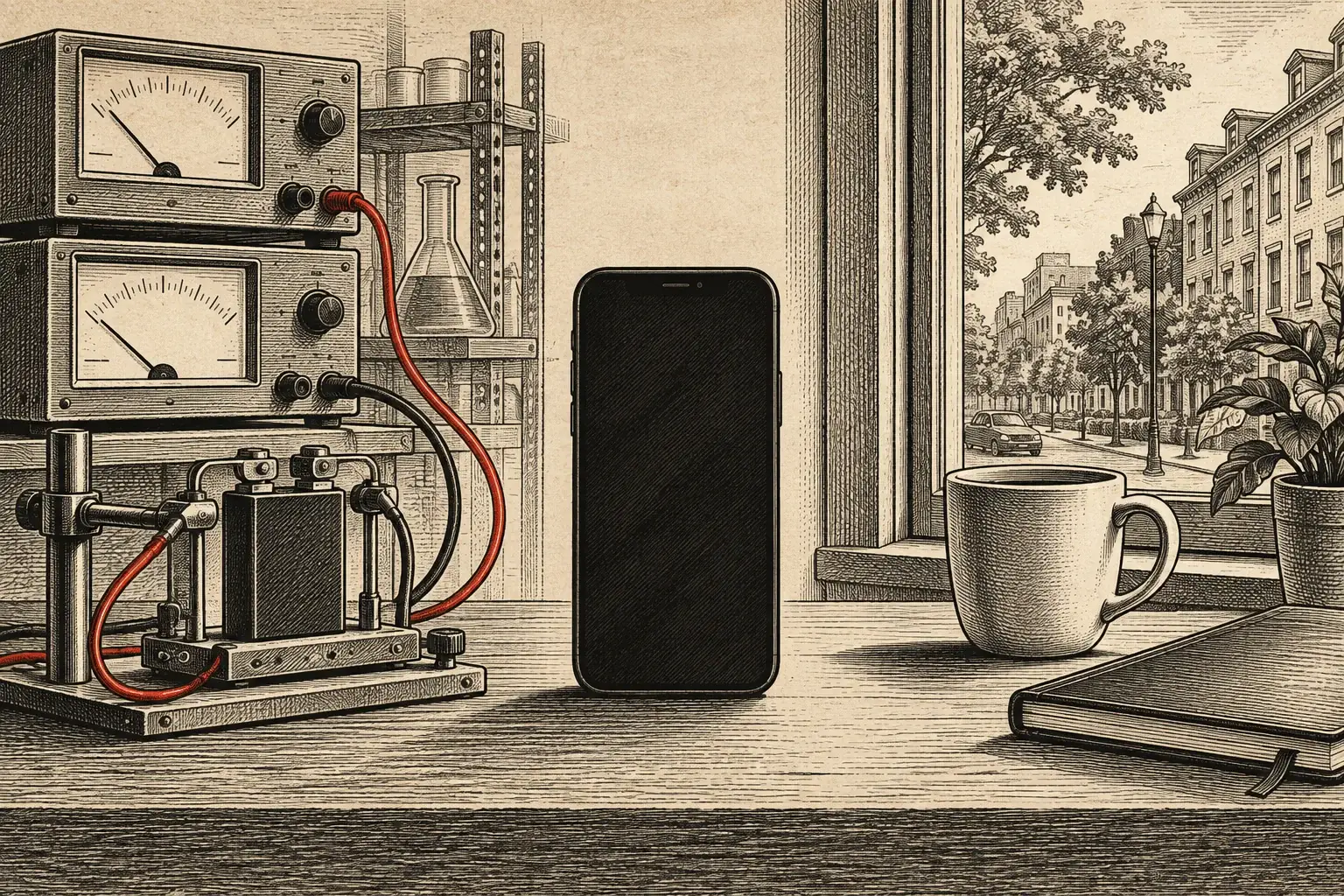 Generated editorial illustration of a generic phone between laboratory battery instruments and an everyday window-side setting.
