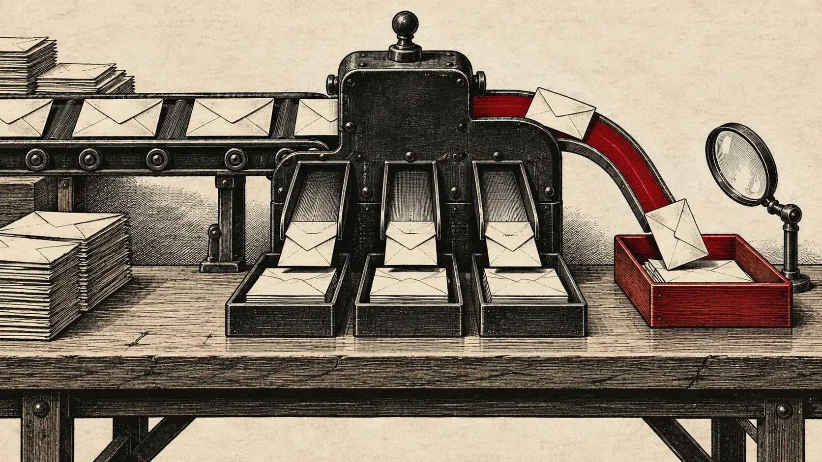Generierte redaktionelle Illustration einer mechanischen Briefsortierung mit drei Teamfächern und einem roten Prüffach mit Lupe.