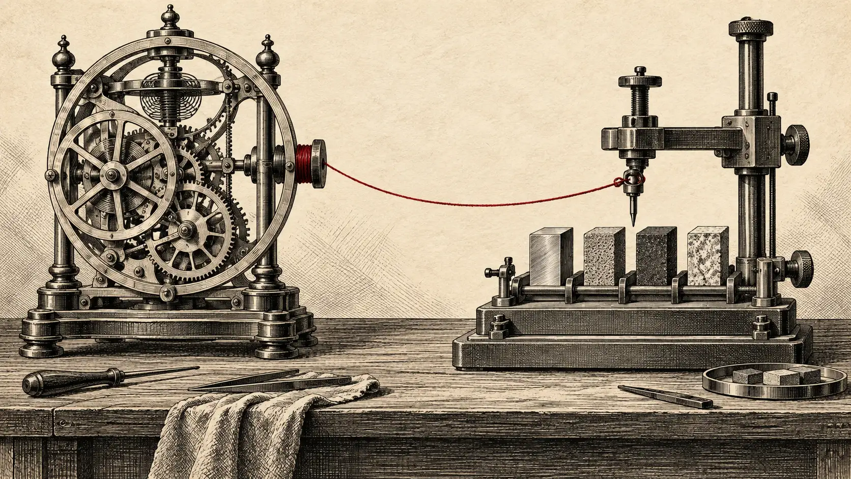 Generated engraving of exposed clockwork beside a calibration jig inspecting four blocks, linked by a crimson thread on a cream workbench.