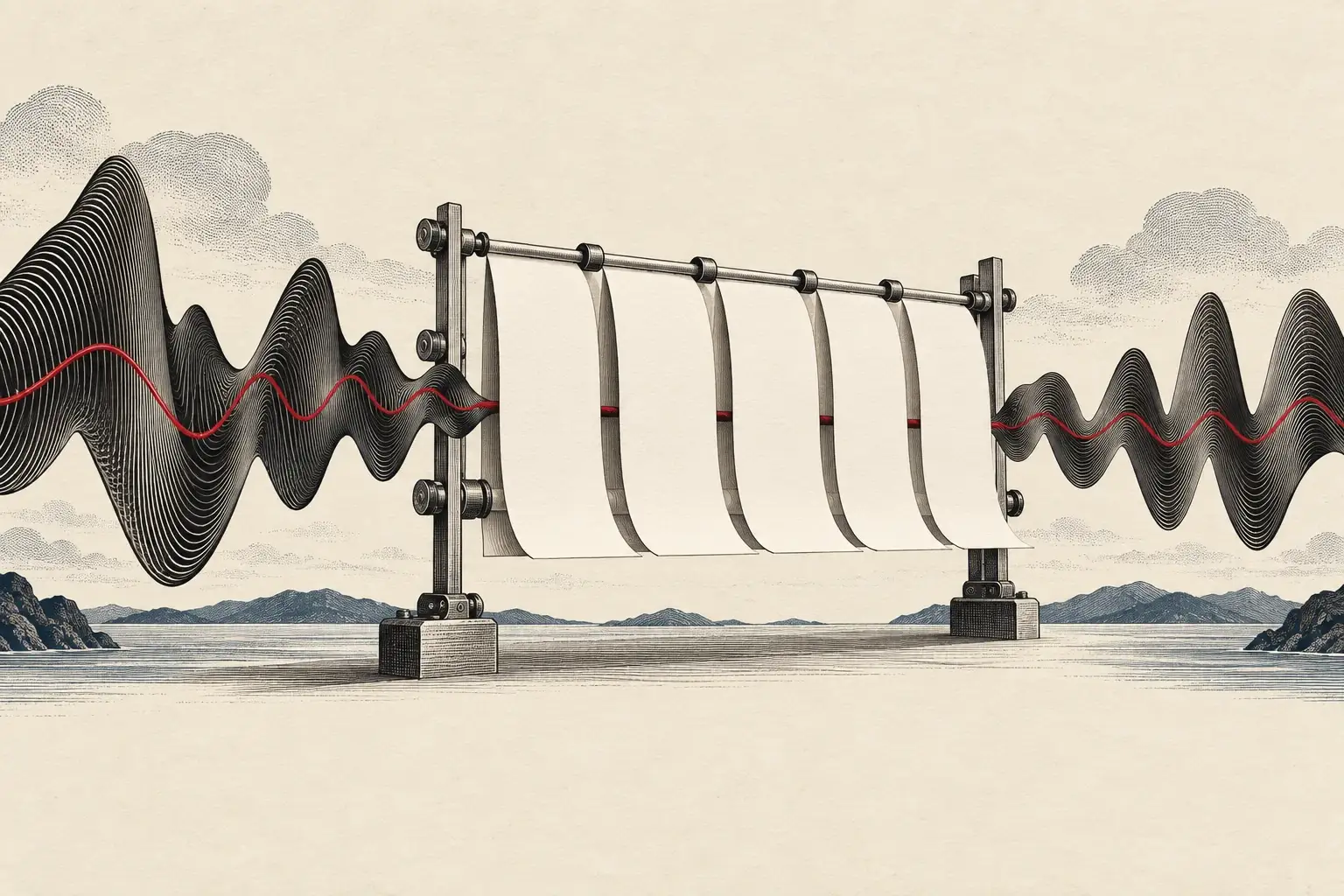 Generated editorial illustration of sound ribbons becoming blank transcript sheets and returning to sound, representing a voice-agent pipeline.