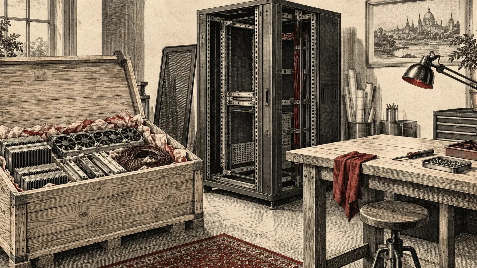 Konzeptioneller redaktioneller Kupferstich einer offenen Kiste mit Computerteilen neben einem leeren Serverschrank und einer Werkbank; er zeigt keine Xiaomi-Hardware.