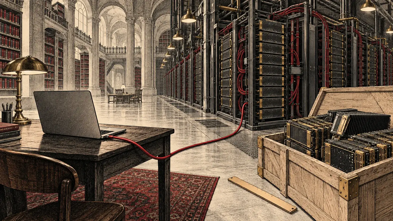 Generated editorial illustration contrasting a small laptop workspace with a large server workshop.