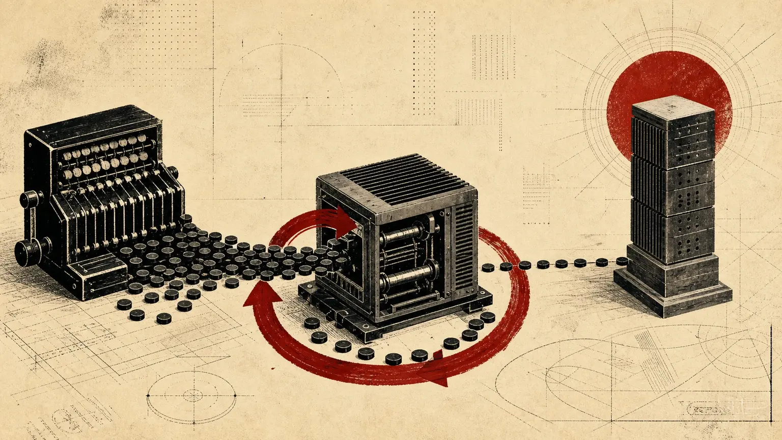 A black mechanical computing engine recirculates task tokens through a crimson cache loop, with a separate metered compute tower at right.