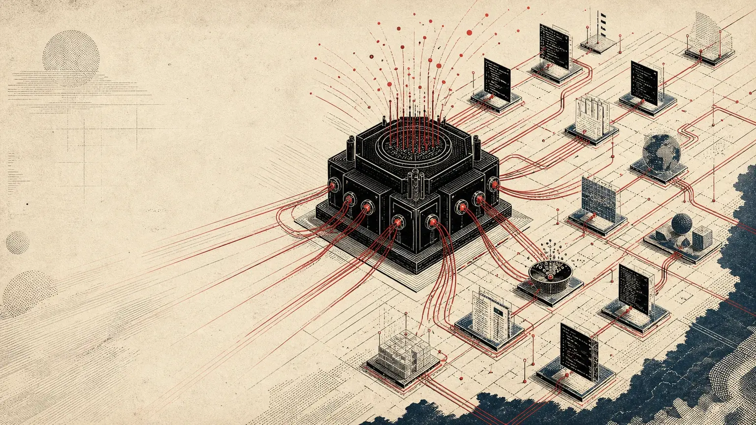 Editorial engraving of an ink-black orchestration engine linking crimson threads to abstract code, document, browser, and data workstations on a cream newsprint field.