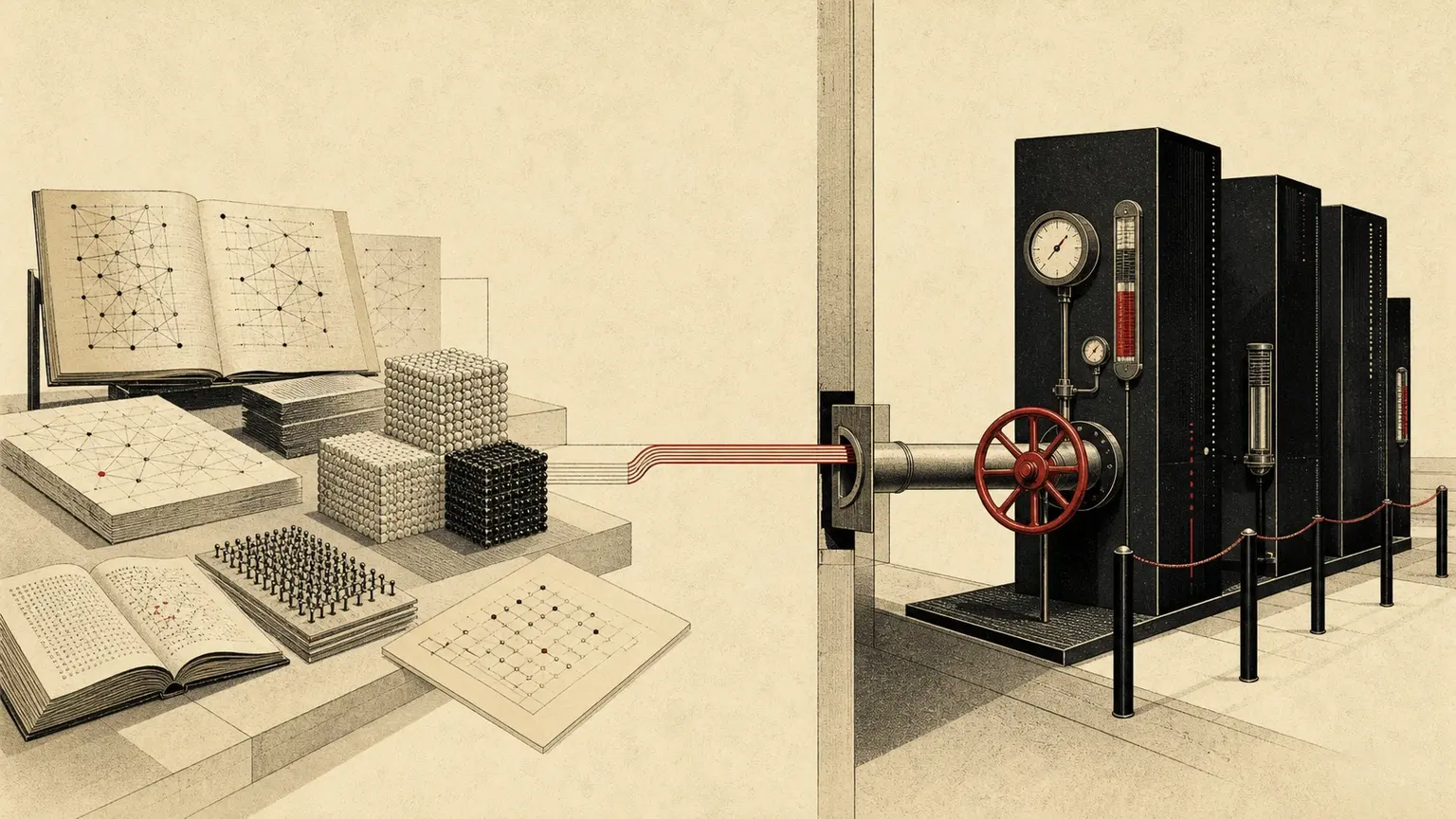 Editorial illustration of open model artifacts feeding through a crimson metering valve into a controlled black agent-runtime gateway.