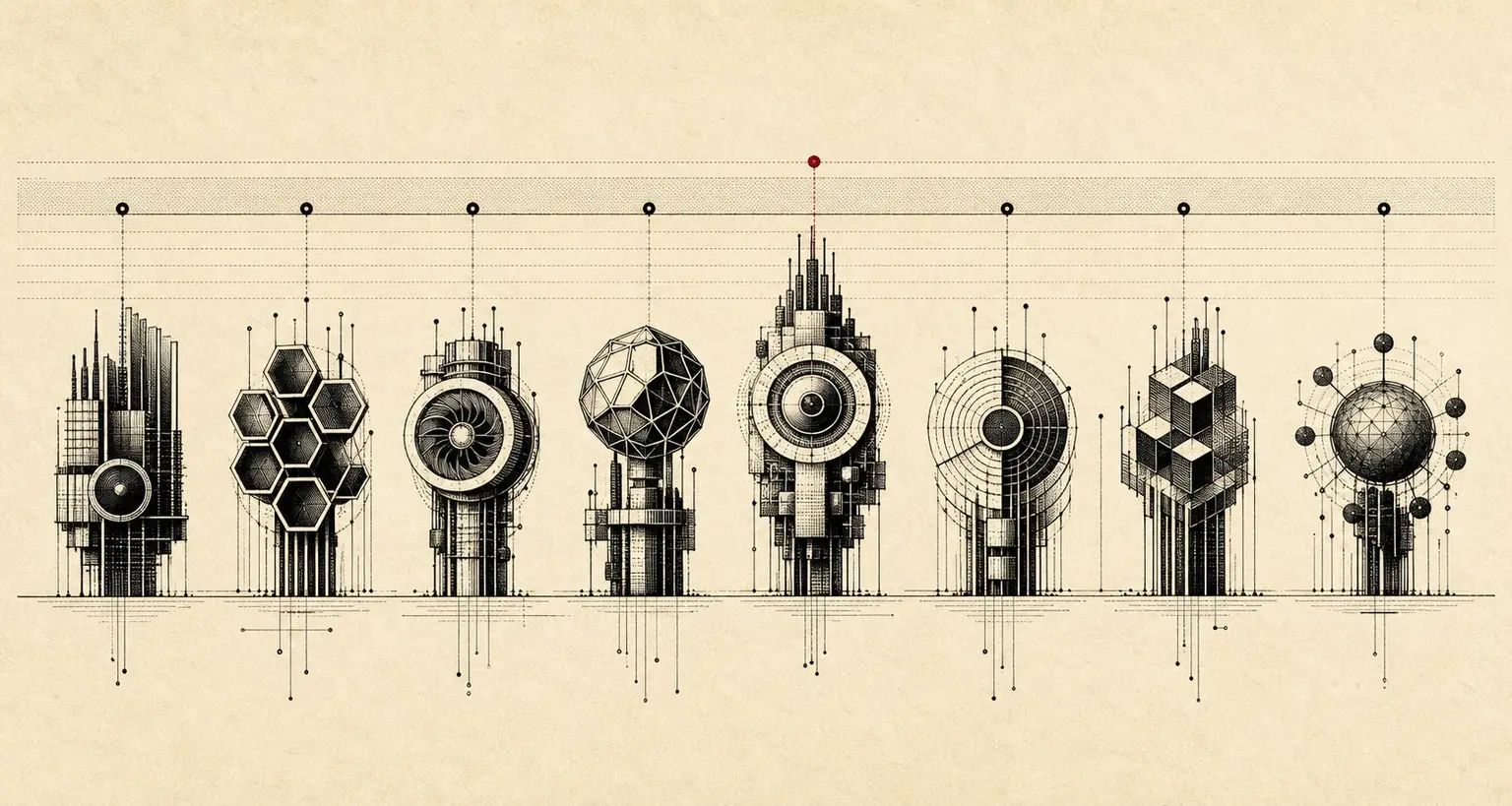 Eight abstract ink-black AI engine forms aligned beneath a shared measurement line, with one crimson marker only slightly above the tightly grouped field.