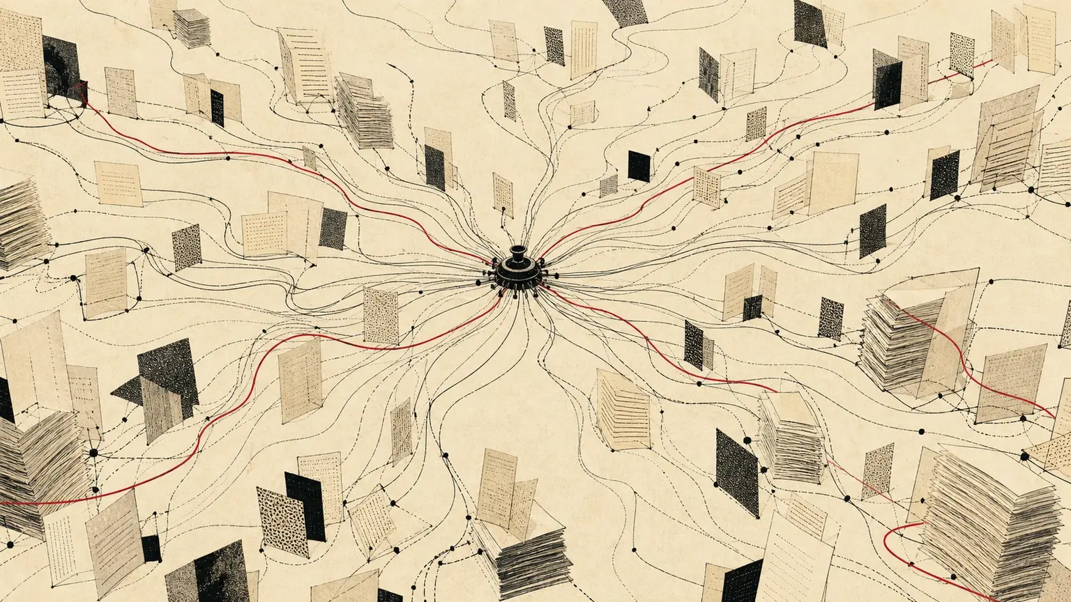 An ink-black central memory node linked by a crimson thread to a vast field of archival pages and document paths.