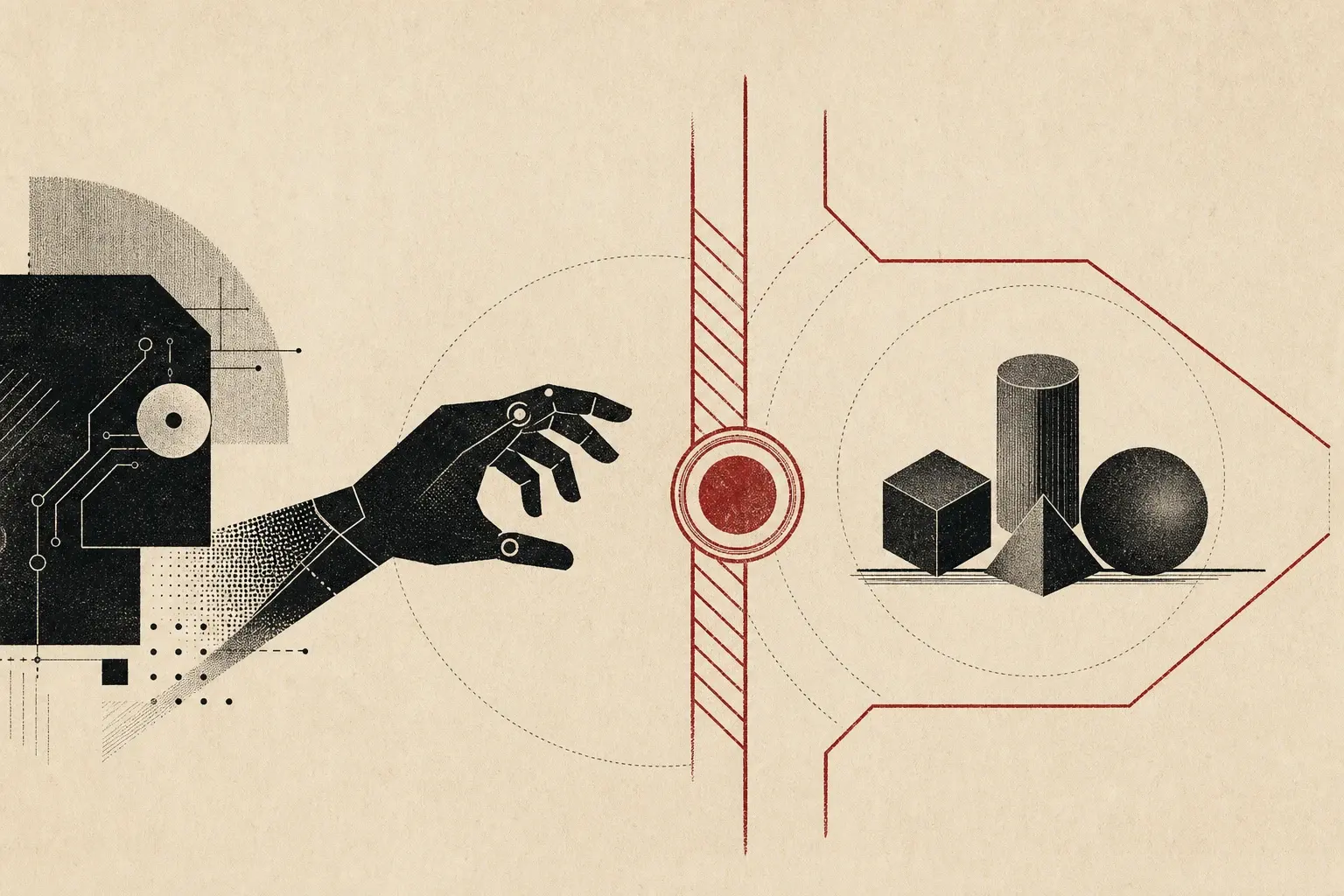 An abstract black robotic hand halted at a crimson permission barrier before a set of contained geometric tool forms.