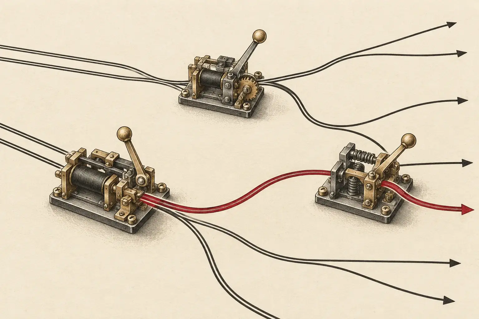 Generierte redaktionelle Illustration mechanischer Schalter, die getrennte Wege über eine cremefarbene Fläche lenken.