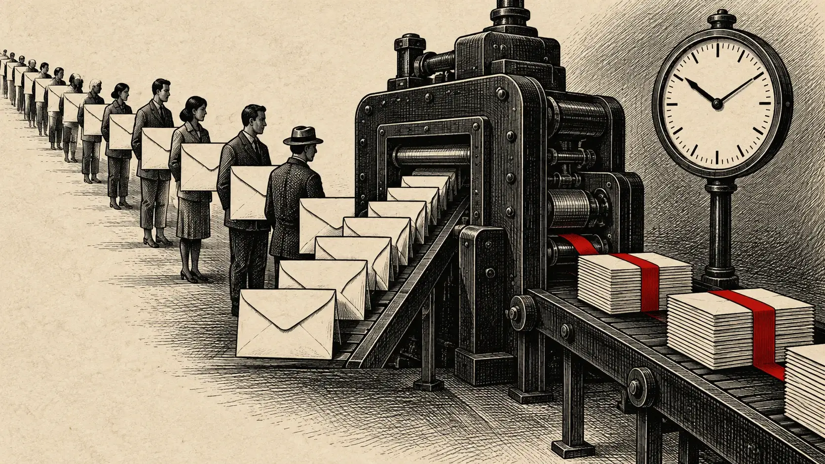 Generated editorial illustration of orderly paper batches moving through a black routing machine toward a black deadline clock, in newsprint and ink.