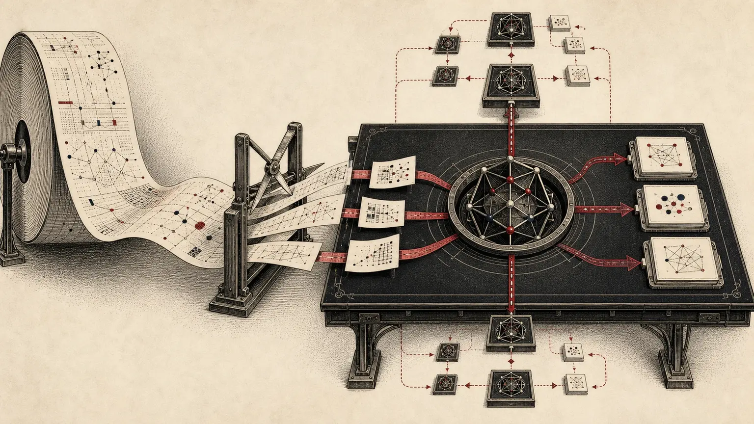 Editorial engraving of a long context ribbon being sliced into focused fragments that enter a persistent model workbench and return compact evidence.