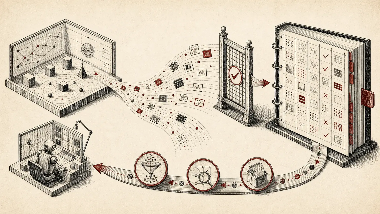 Editorial loop showing tasks becoming agent traces, passing an evaluator gate, entering an evidence archive, and feeding a refined workspace.