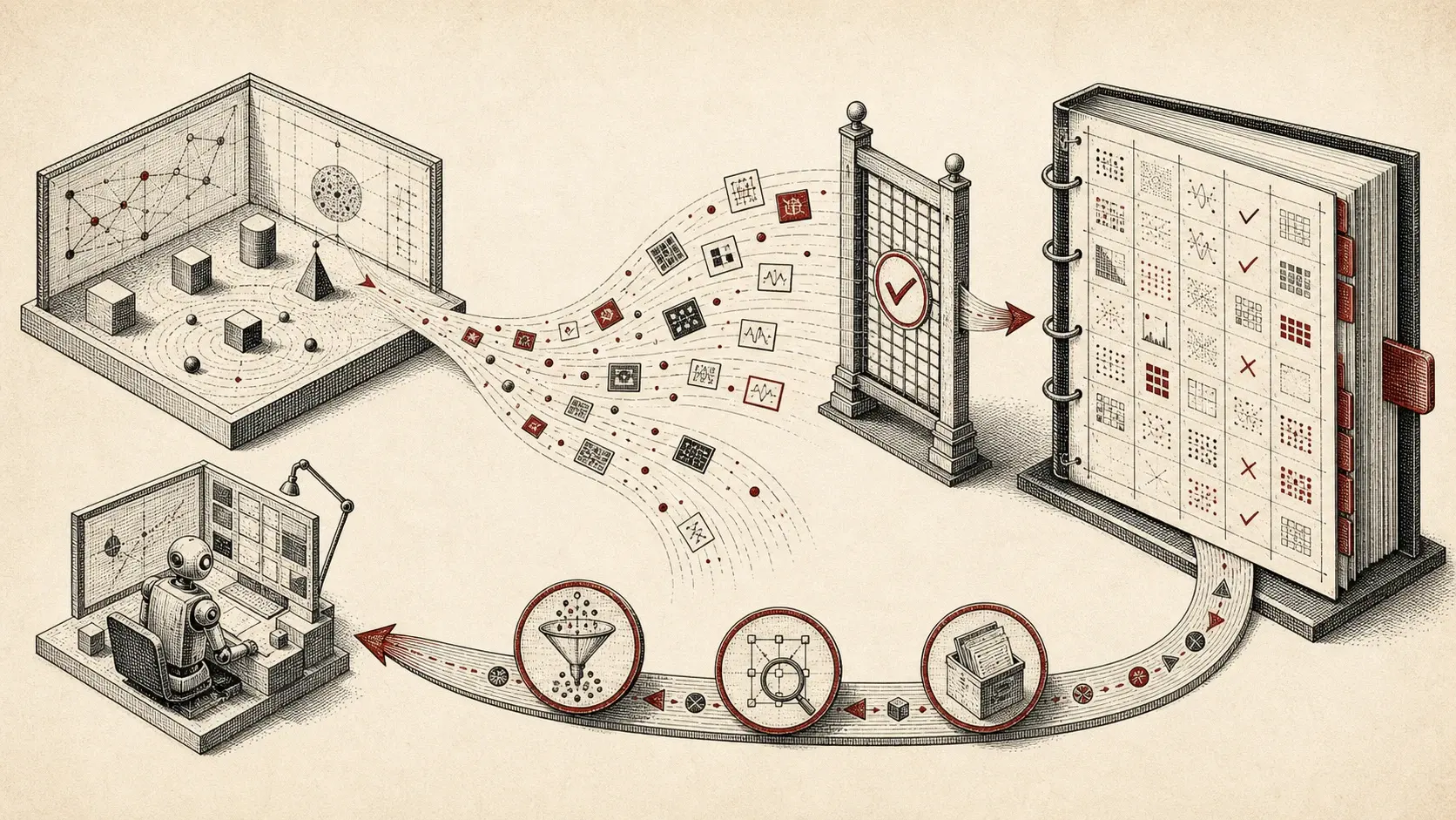 Editorial loop showing tasks becoming agent traces, passing an evaluator gate, entering an evidence archive, and feeding a refined workspace.