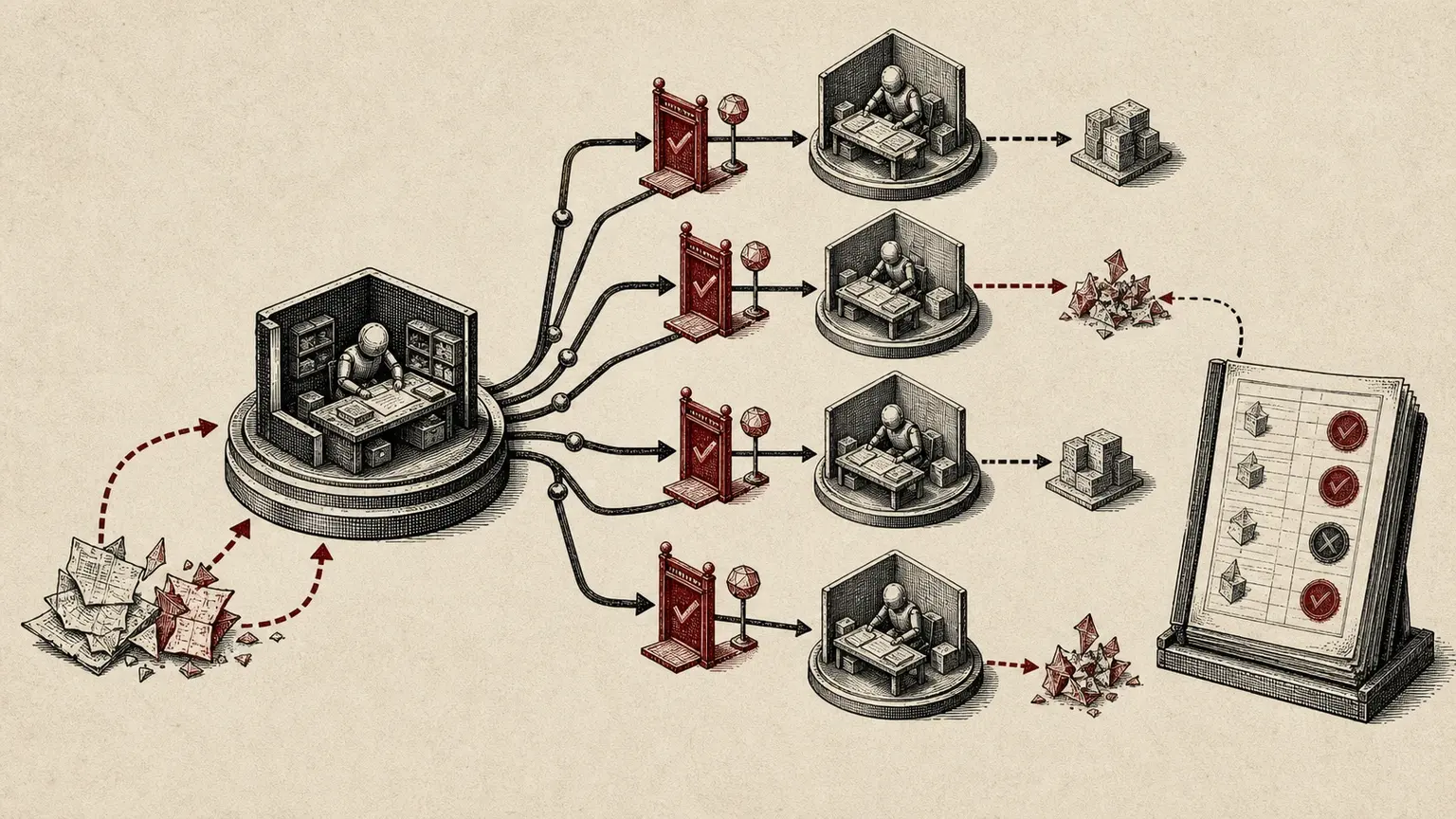 Editorial engraving of a central agent workspace branching into isolated child workspaces whose outputs pass through crimson verification gates and a final ledger.