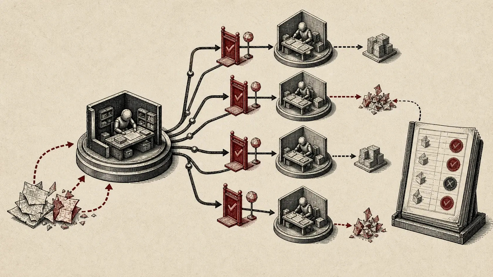 Editorial engraving of a central agent workspace branching into isolated child workspaces whose outputs pass through crimson verification gates and a final ledger.