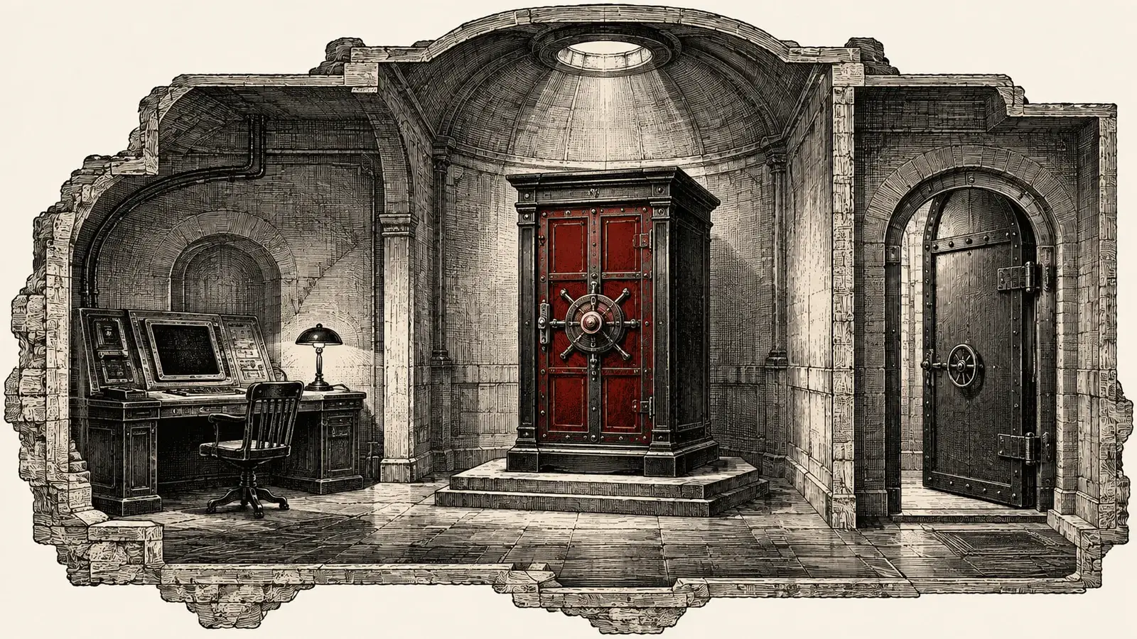 Ink engraving of a terminal chamber beside a locked credential vault and a separate doorway.