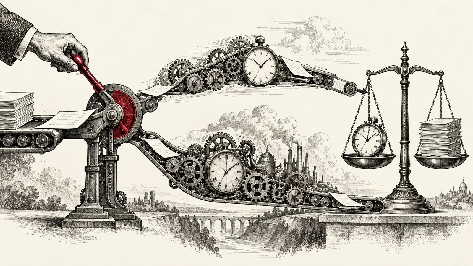 Tuscheillustration einer Weiche, mechanischer Wege und einer Waage für Zeit und erledigte Arbeit.