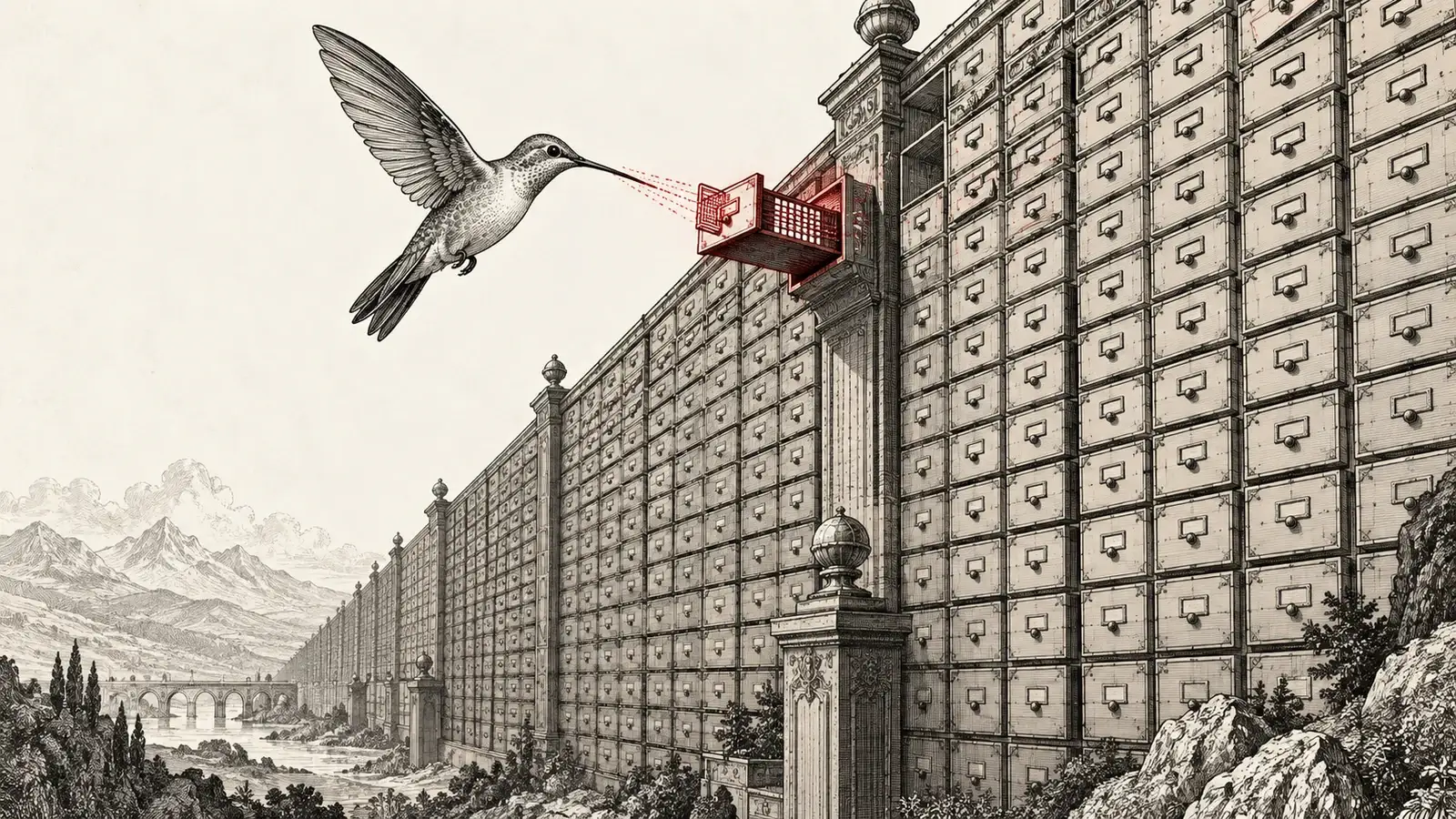 Ink engraving of a hummingbird activating one drawer in a large memory cabinet.