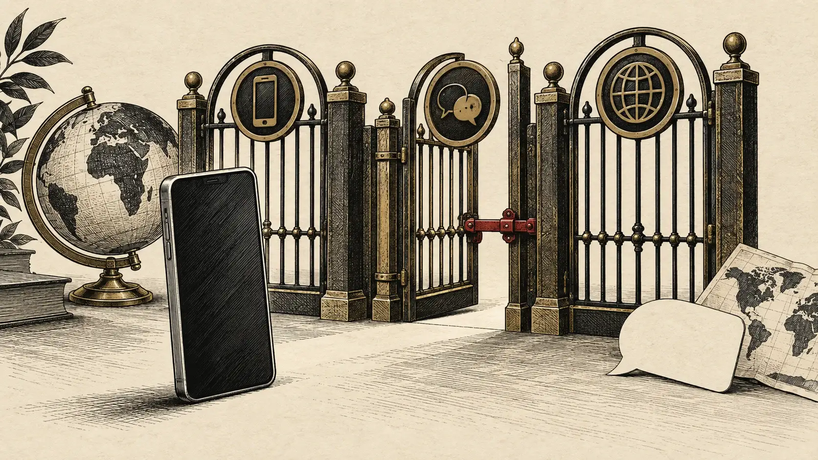 Generated editorial illustration of an unbranded smartphone before three mechanical gates, with a globe, speech bubble and blank panel.