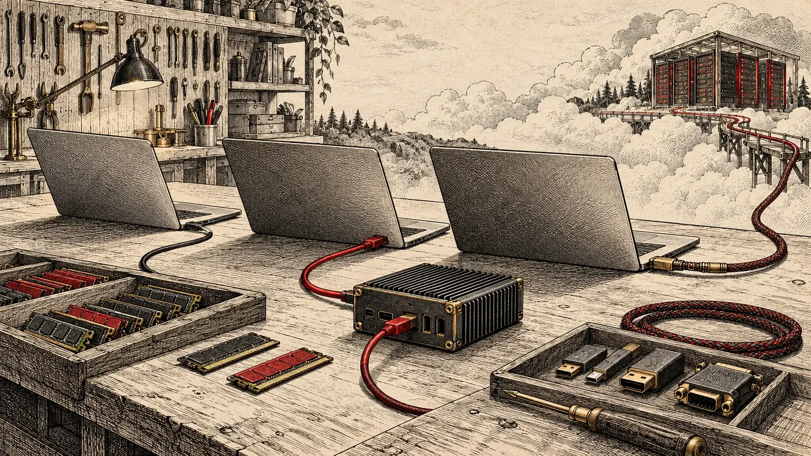 Generated editorial illustration of three unbranded laptops with distinct paths for CPU, GPU, and cloud AI tools.