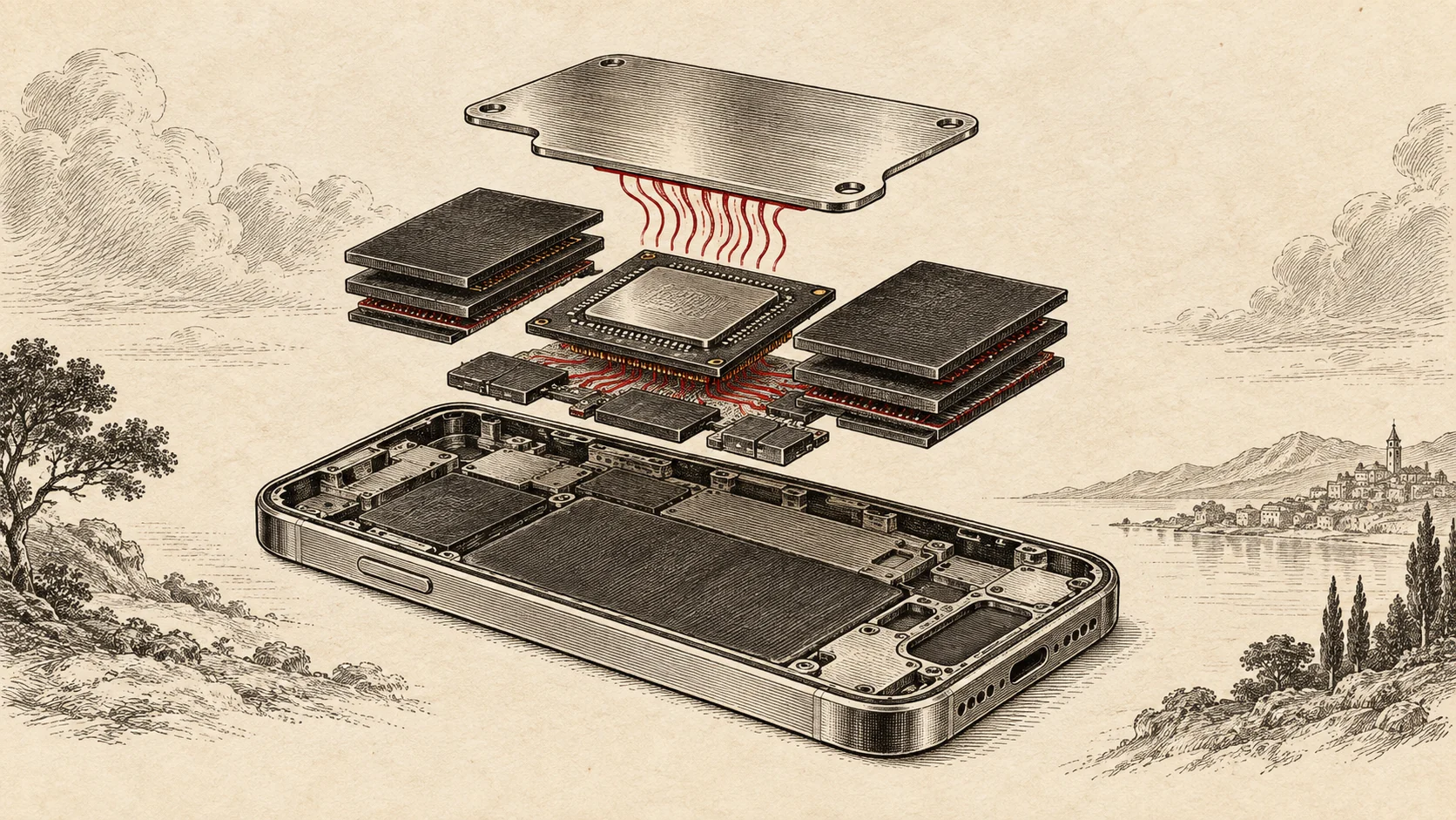 Conceptual exploded view of a smartphone with a chip, stacked memory and a heat-spreading plate.