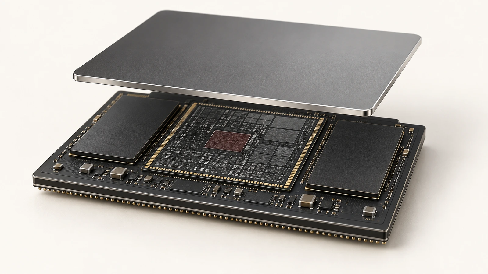 Conceptual exploded AI chip package showing a satin graphite heat-spreader, central compute die, two adjacent memory packages, a dark substrate, fine metallic routing, and underside contacts.